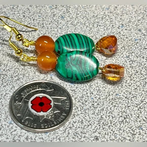 Dyed malachite and bright orange Swarovski crystal earrings on Sterling - Picture 8 of 8